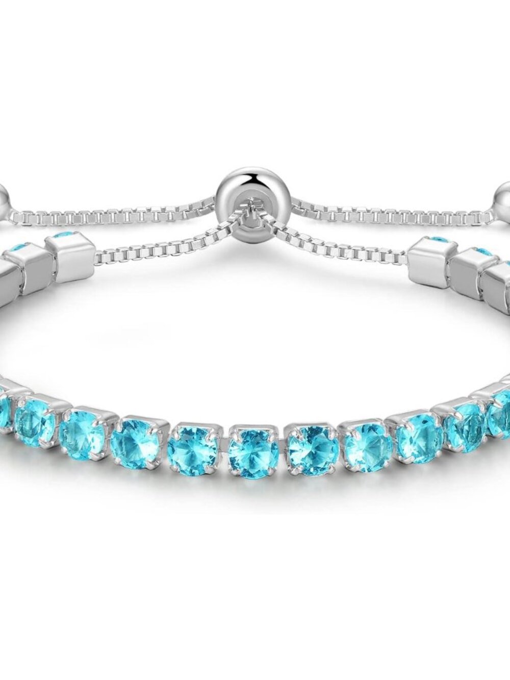 Elegant Sterling Silver Birthstone Tennis Bracelet - March Aquamarine 9.5" Adjus